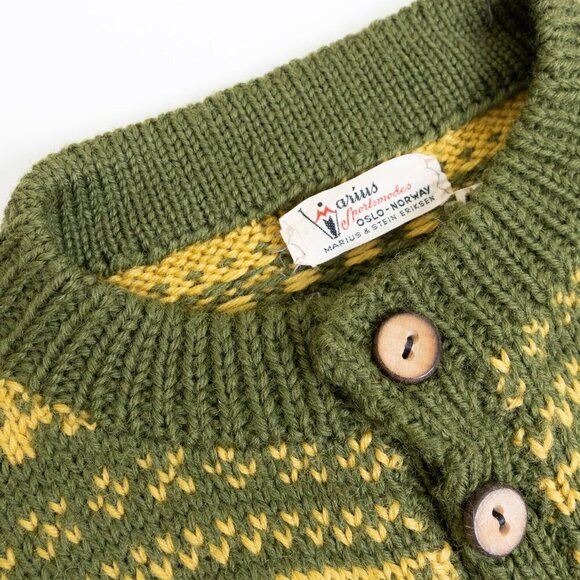 Vintage Marius Norwegian Sweater Wool Cardigan Hand Knit Ski 80s Green Yellow - Picture 4 of 16